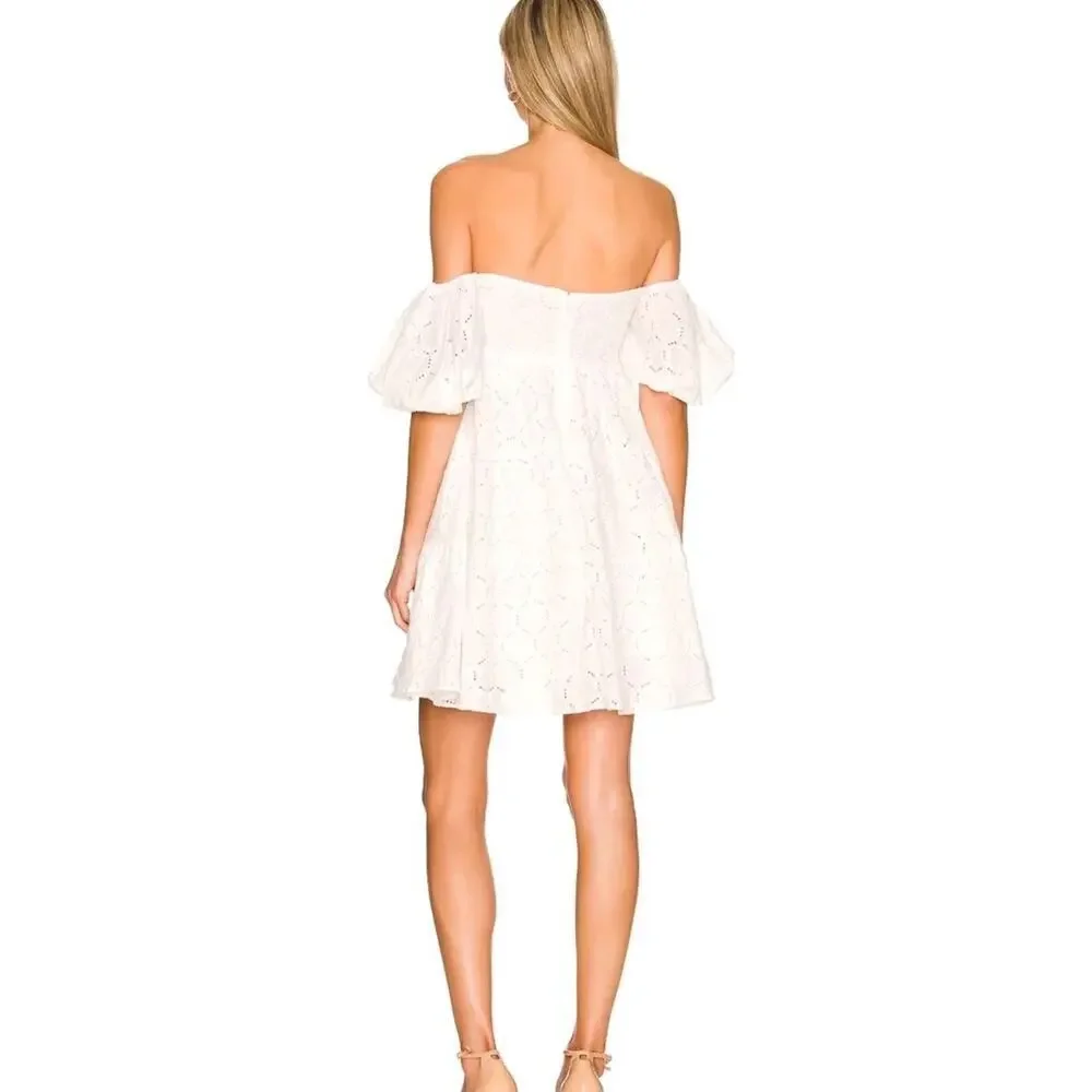 Bardot Womens 6 Babydoll Dress Sofia Eyelet Mini White Revolve Lace Off Shoulder - Picture 2 of 12